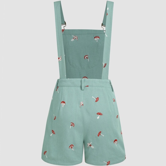 New Cider Blue Mushroom Embroidered Vintage Overalls Shorts Playsuit - Picture 2 of 8